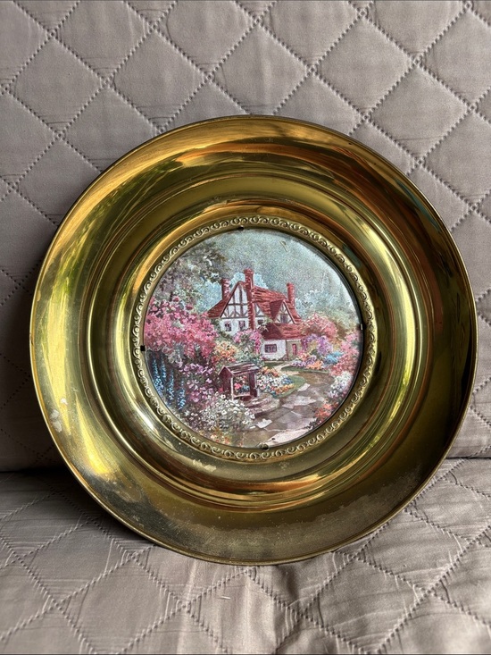 Other - Vintage Solid Brass Framed Cottage Garden Scene Plate - Pink & Green